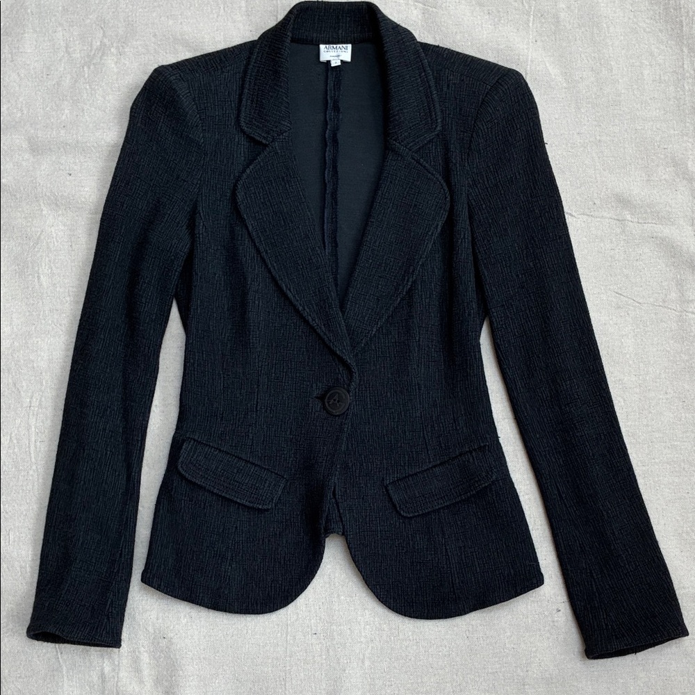 Armani Collezioni Black Textured Single-Button Blazer, 2, Made in Italy